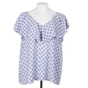 Ann Taylor Blouse XL Blue Gingham Check Lightweight Sleeveless V-Neck Casual Top
